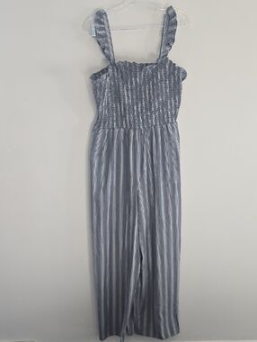 Striped Smocked Jumpsuit with Ruffle Straps - Blue & White